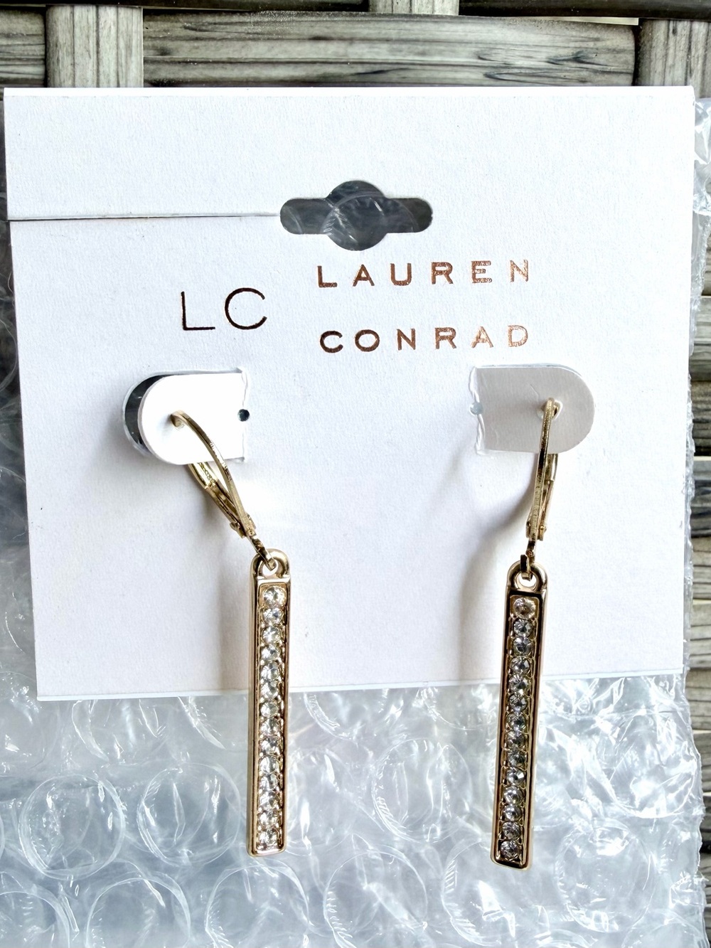Lauren Conrad Gold Rhinestone Bar Drop Earrings – New